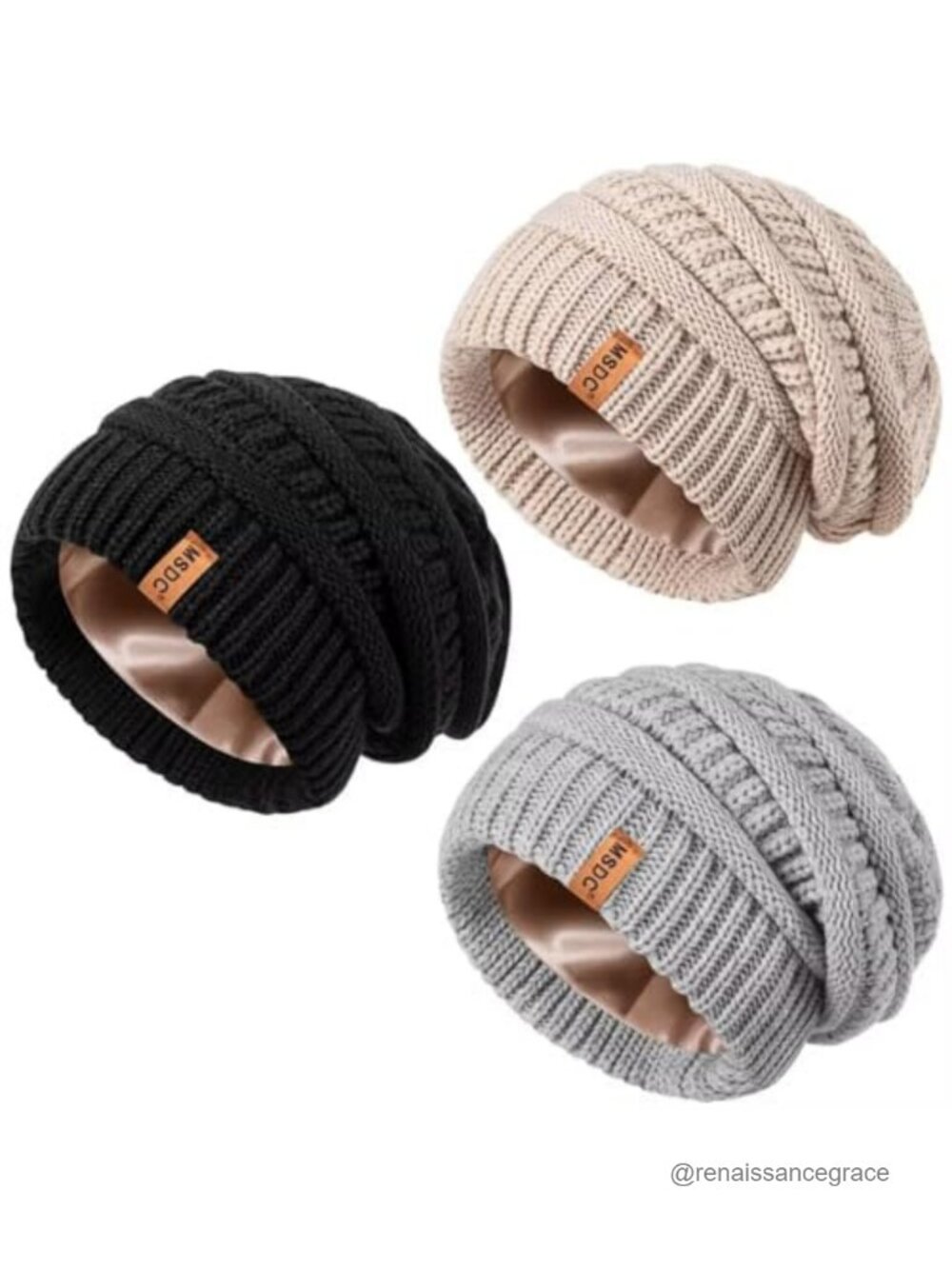 3 Pack Satin Lined Beanie for Women, Warm Slouchy Winter Hats, Oversized Cable